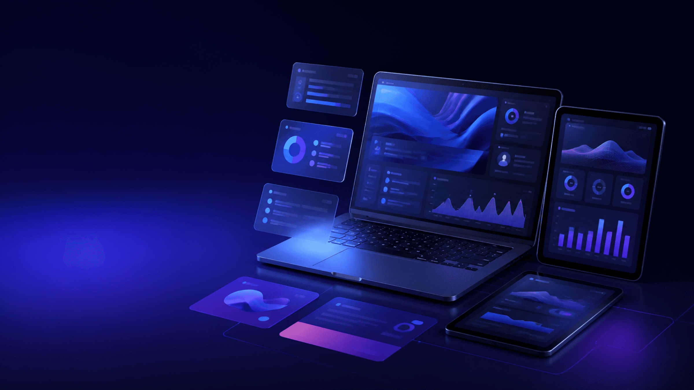 A responsive digital platform shown across laptop, tablet and mobile screens