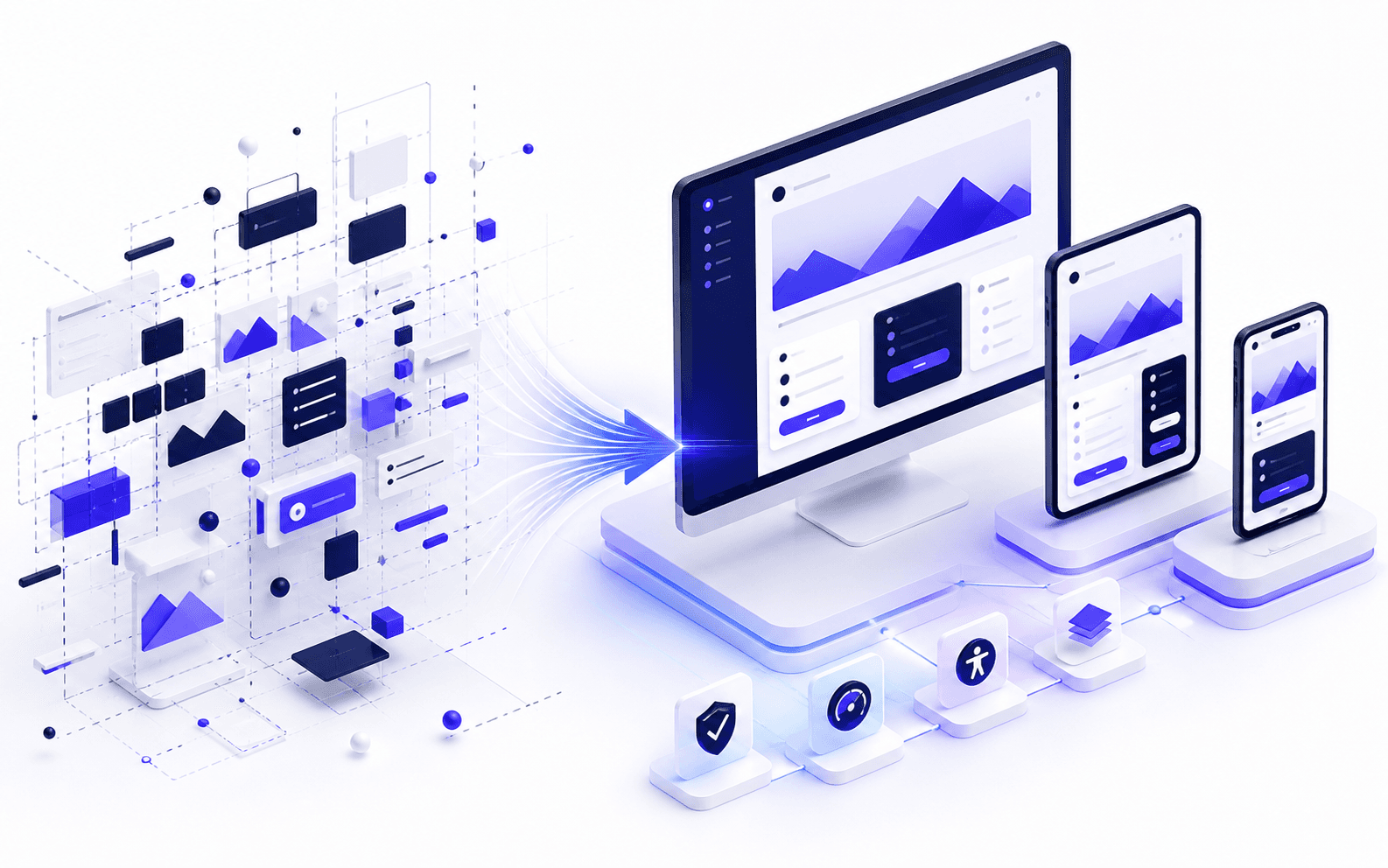 A fragmented interface system becoming a clear responsive website across desktop, tablet, and mobile