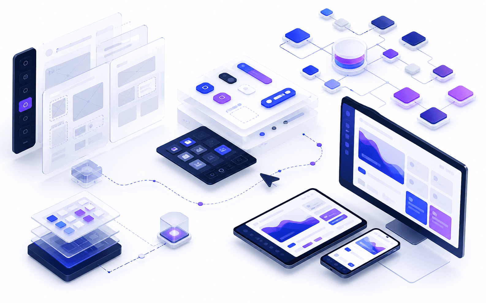 Wireframes, interface components, design tokens, and responsive layouts forming one design system